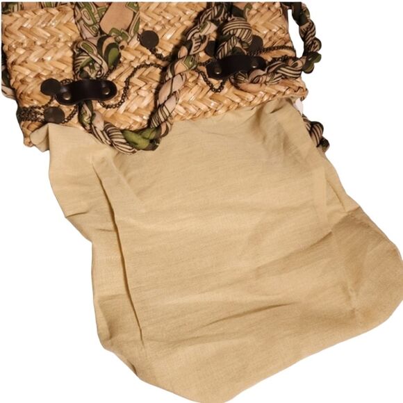 Sun 'N Sand Green and Tan Woven Straw & Fabric Summer Tote 12"X14"(flat) - Picture 9 of 11